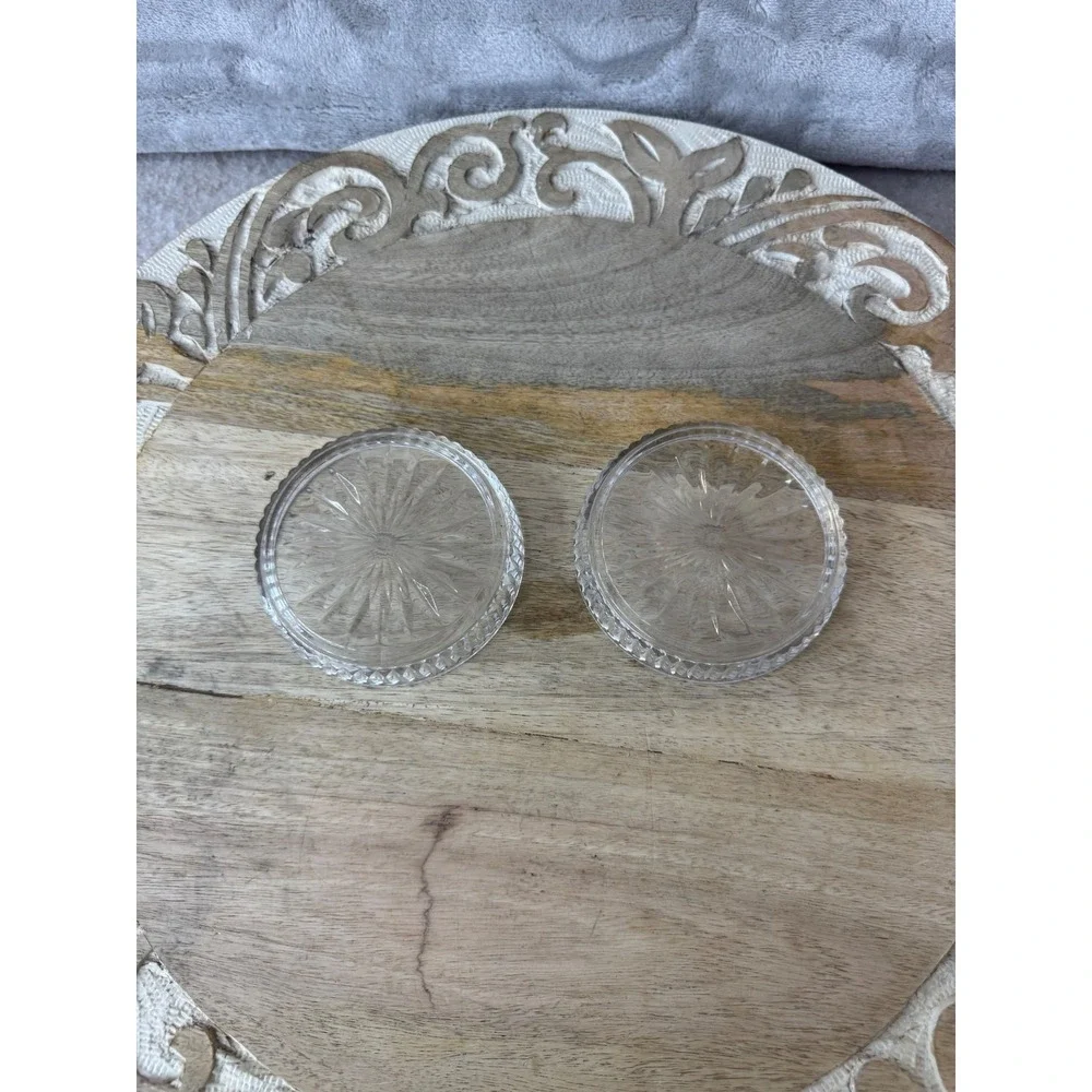 Vintage Cut Glass Coasters Set of 2 Clear Sunburst Starburst Pattern 3 Inch